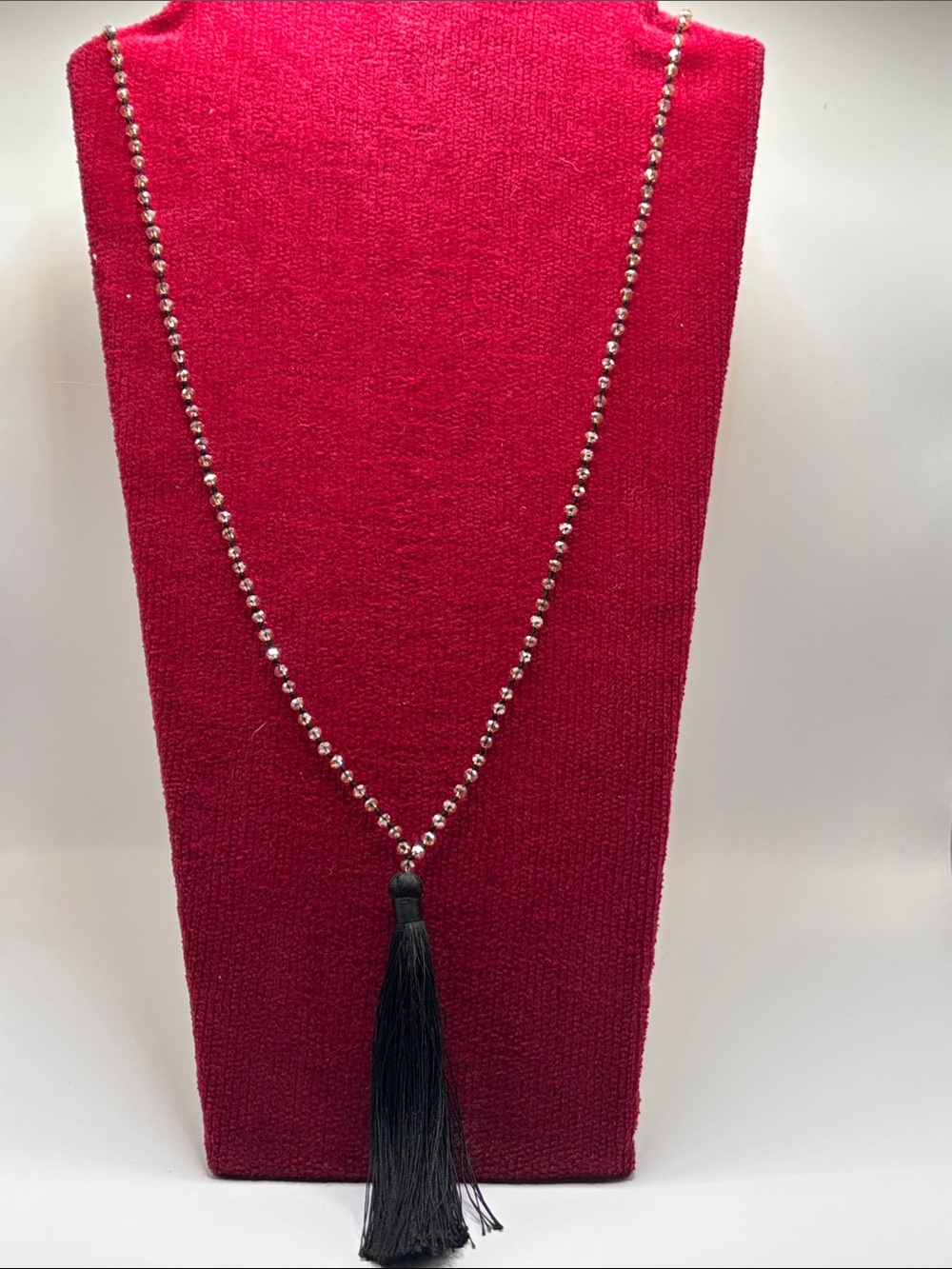 Zacasha Long Silver Bead Necklace with Black Tassel